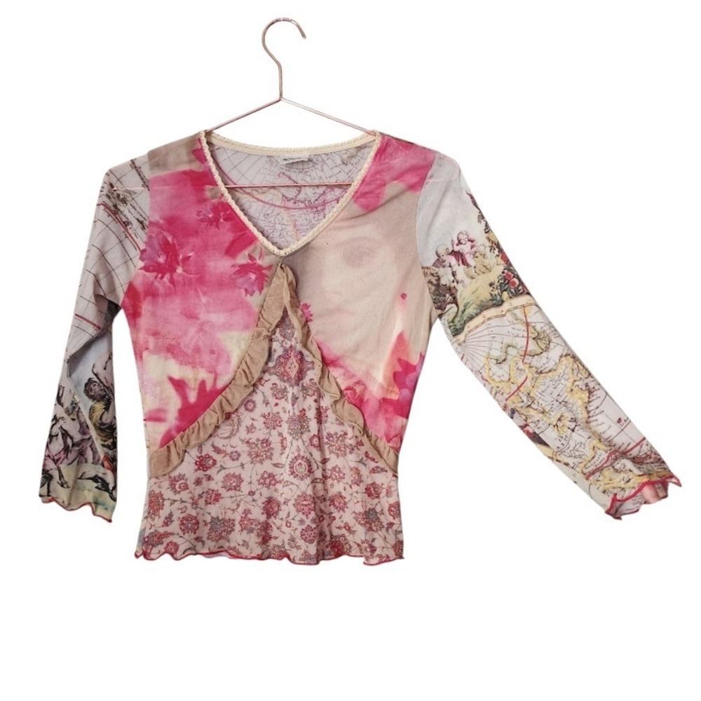 BY MAURICE Vintage Y2K Sheer Mesh Top Renaissance Map Floral Patchwork Print M - Picture 4 of 12